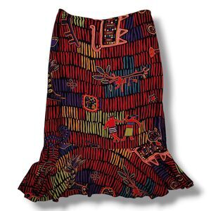 Vintage 90s Chicos Aztec Midi Flounce Skirt Size 0 S Colorful Tribal Rayon